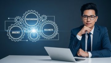 Ein professioneller, selbstbewusster Freelancer (divers, Mitte 30) sitzt an einem modernen Schreibtisch. Im Hintergrund ist eine stilisierte, leuchtende Grafik, die ein funktionierendes System aus Zahnrädern darstellt, beschriftet mit "Positionierung", "Reichweite", "Angebot" und "Abschluss". Der Look ist clean, technologisch und zukunftsorientiert, mit einem leichten blauen Farbton, der Vertrauen und Kompetenz ausstrahlt.
