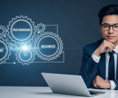 Ein professioneller, selbstbewusster Freelancer (divers, Mitte 30) sitzt an einem modernen Schreibtisch. Im Hintergrund ist eine stilisierte, leuchtende Grafik, die ein funktionierendes System aus Zahnrädern darstellt, beschriftet mit "Positionierung", "Reichweite", "Angebot" und "Abschluss". Der Look ist clean, technologisch und zukunftsorientiert, mit einem leichten blauen Farbton, der Vertrauen und Kompetenz ausstrahlt.
