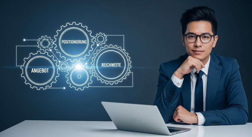 Ein professioneller, selbstbewusster Freelancer (divers, Mitte 30) sitzt an einem modernen Schreibtisch. Im Hintergrund ist eine stilisierte, leuchtende Grafik, die ein funktionierendes System aus Zahnrädern darstellt, beschriftet mit "Positionierung", "Reichweite", "Angebot" und "Abschluss". Der Look ist clean, technologisch und zukunftsorientiert, mit einem leichten blauen Farbton, der Vertrauen und Kompetenz ausstrahlt.