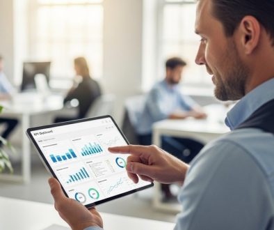 Ein Projektmanager analysiert Projektcontrolling-Kennzahlen auf einem Tablet-Dashboard.