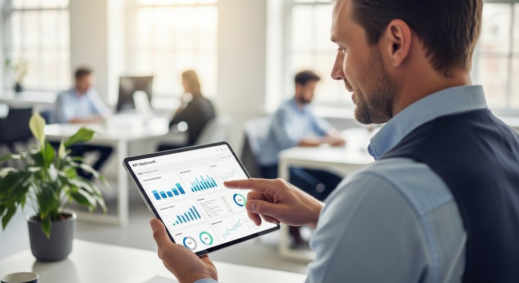Ein Projektmanager analysiert Projektcontrolling-Kennzahlen auf einem Tablet-Dashboard.