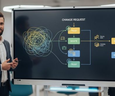 Ein Projektmanager managt einen Change Request Prozess an einer digitalen Tafel.