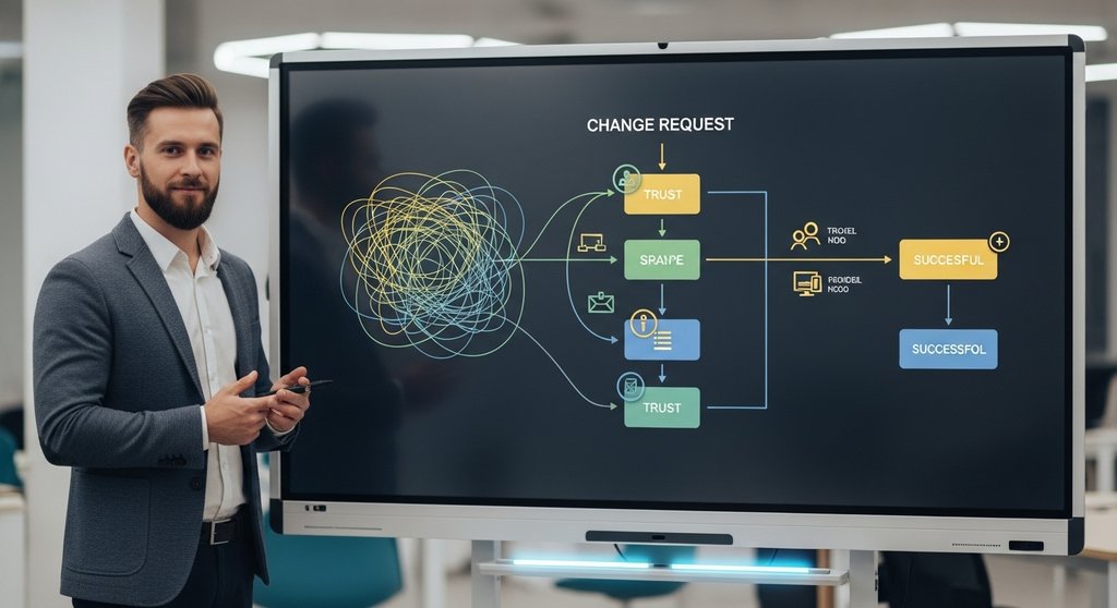 Ein Projektmanager managt einen Change Request Prozess an einer digitalen Tafel.