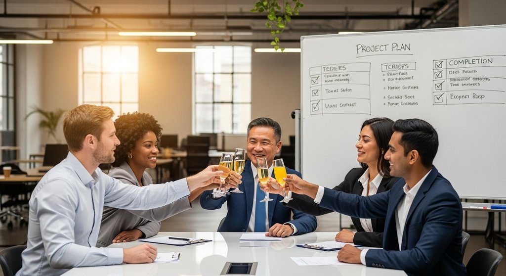Ein Projektteam feiert mit einem Kunden den erfolgreichen Projektabschluss dank einer Checkliste.