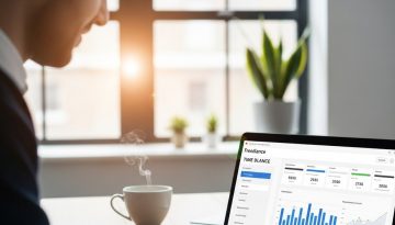 Ein Selbstständiger nutzt ein Tool für Zeiterfassung und Abrechnung am Laptop und optimiert seine Finanzen.