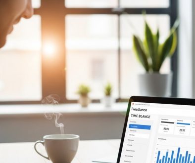 Ein Selbstständiger nutzt ein Tool für Zeiterfassung und Abrechnung am Laptop und optimiert seine Finanzen.