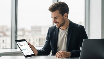 Ein Selbstständiger prüft zufrieden die Finanzen seiner Agentur über eine Banking-App auf dem Tablet.