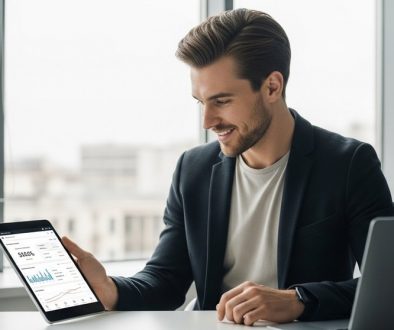 Ein Selbstständiger prüft zufrieden die Finanzen seiner Agentur über eine Banking-App auf dem Tablet.