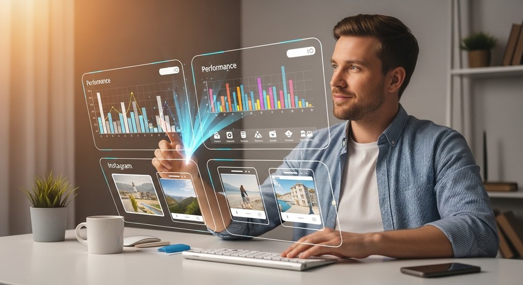 Ein Social Media Manager nutzt KI-Tools zur Analyse und Content-Planung.