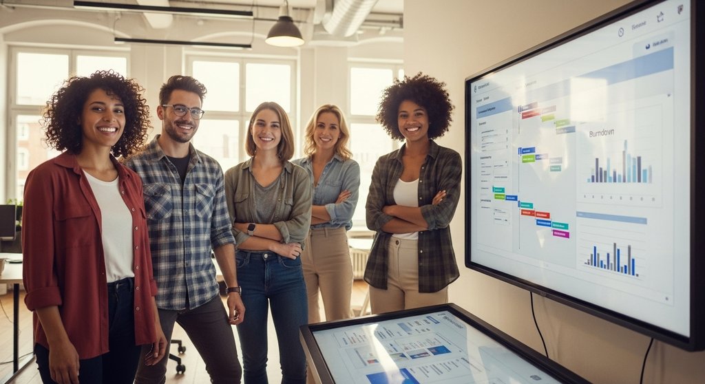 Ein Team in einer Agentur, das erfolgreich Projektmanagement-Methoden anwendet.