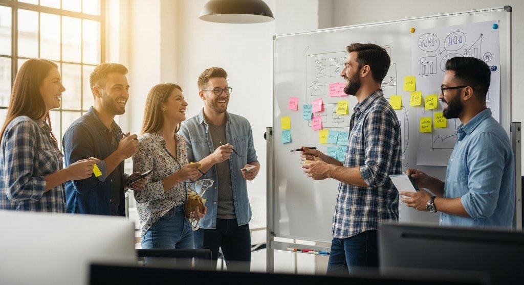 Ein Team in einer Agentur nutzt agile Projektmanagement-Methoden am Whiteboard.