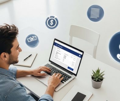 Ein zufriedener Freelancer nutzt ein Rechnungsprogramm auf seinem Laptop.