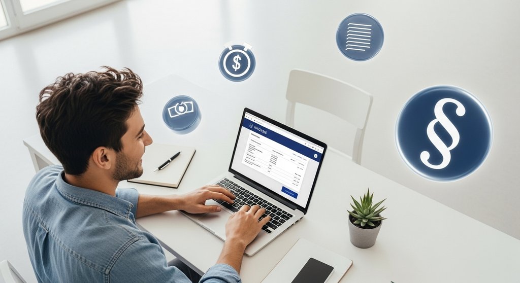 Ein zufriedener Freelancer nutzt ein Rechnungsprogramm auf seinem Laptop.