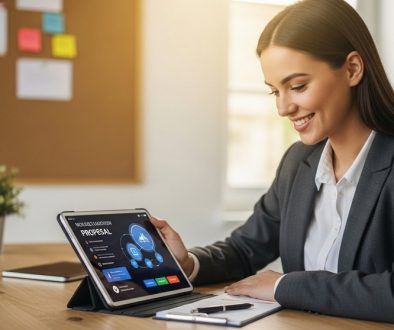 Eine Agentur-Inhaberin prüft zufrieden ein digitales Angebot auf ihrem Tablet.