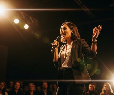 Eine Expertin hält einen überzeugenden Vortrag auf einer Konferenzbühne.