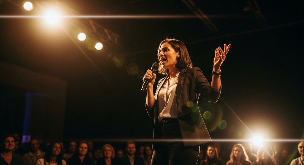 Eine Expertin hält einen überzeugenden Vortrag auf einer Konferenzbühne.