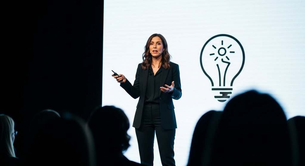 Eine Expertin hält einen Vortrag und demonstriert so, wie man Thought Leadership aufbauen kann.