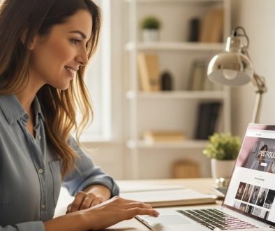 Eine Freelancerin bei der Arbeit an ihrer eigenen professionellen Webseite zur Kundengewinnung.