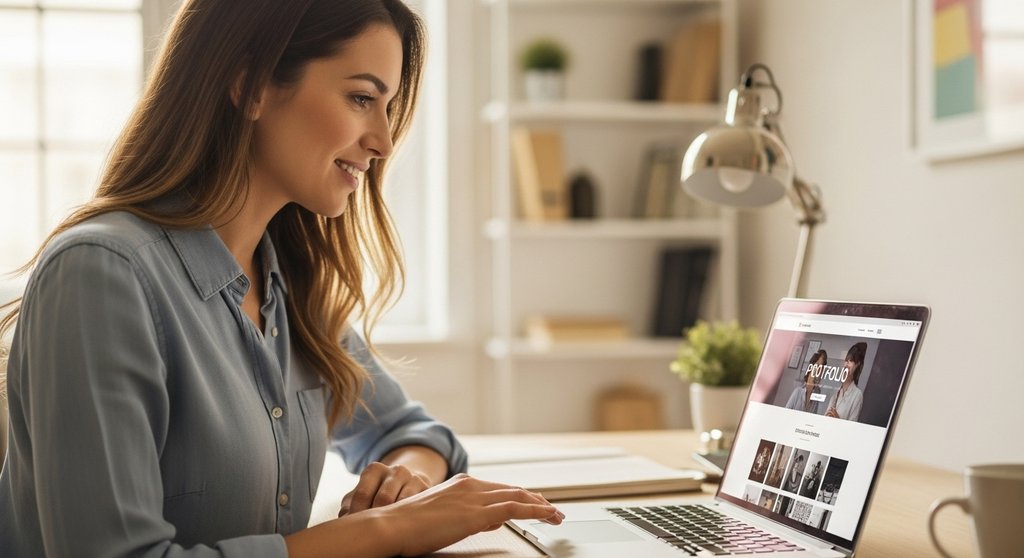 Eine Freelancerin bei der Arbeit an ihrer eigenen professionellen Webseite zur Kundengewinnung.