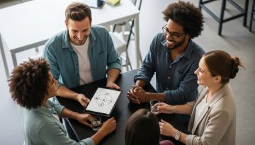 Eine Gruppe von Selbstständigen, die erfolgreich beim Netzwerken auf einem Event interagieren.