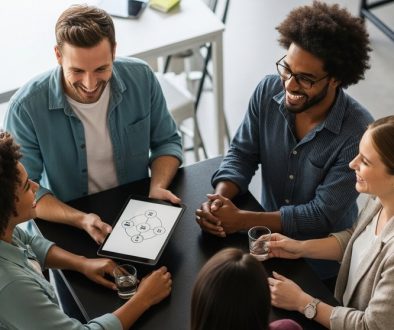 Eine Gruppe von Selbstständigen, die erfolgreich beim Netzwerken auf einem Event interagieren.
