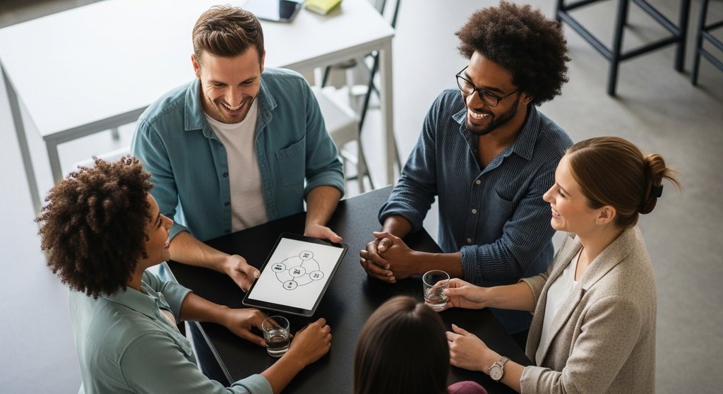 Eine Gruppe von Selbstständigen, die erfolgreich beim Netzwerken auf einem Event interagieren.