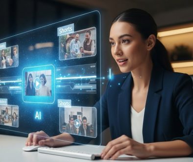 Eine Marketing-Managerin nutzt KI Video Tools zur Erstellung von Social Media Content.