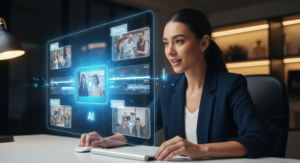 Eine Marketing-Managerin nutzt KI Video Tools zur Erstellung von Social Media Content.