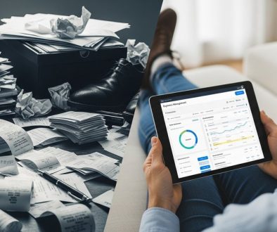 Eine Person nutzt ein Ausgabenmanagement Tool auf einem Tablet, um das Beleg-Chaos zu ordnen.