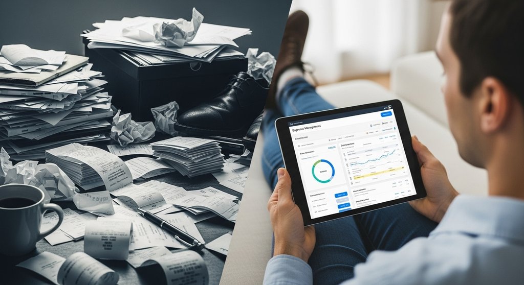Eine Person nutzt ein Ausgabenmanagement Tool auf einem Tablet, um das Beleg-Chaos zu ordnen.