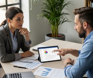 Eine Projektmanagerin in einem Meeting zur Kundenkommunikation im Projekt.