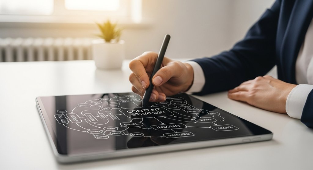 Experte bei der strategischen Planung einer Content-Strategie am Schreibtisch.