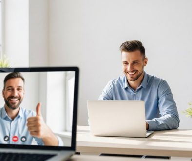 Freelancer erhält positives Feedback von einem zufriedenen Kunden per Videocall.