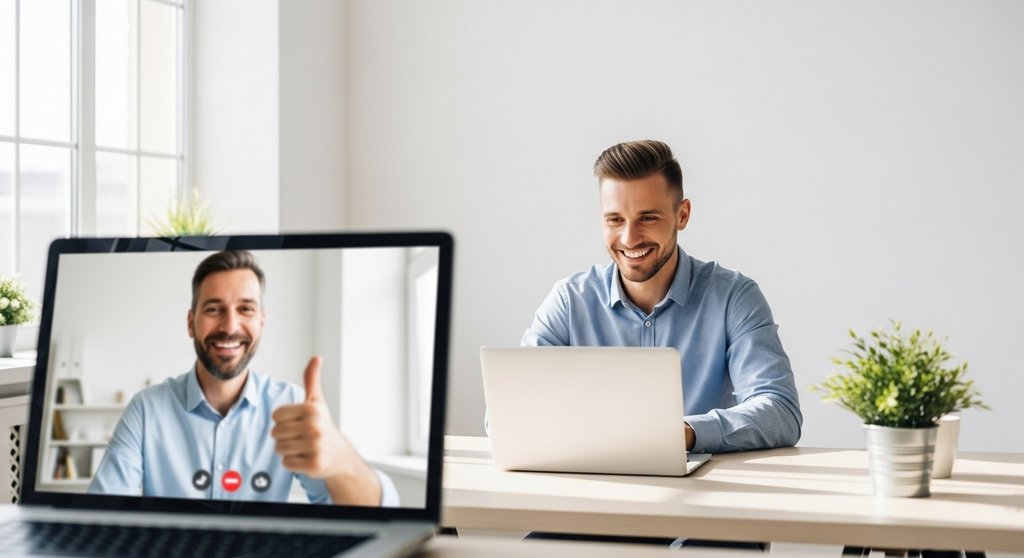 Freelancer erhält positives Feedback von einem zufriedenen Kunden per Videocall.