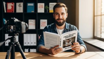 Freelancer hält stolz sein eigenes Buch als Beweis für seinen Expertenstatus.