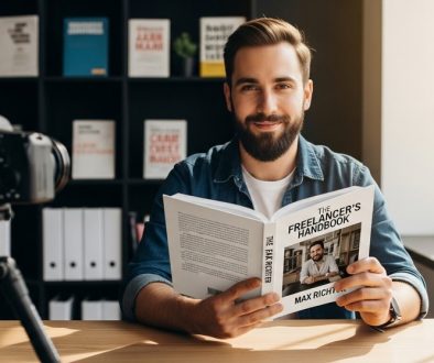 Freelancer hält stolz sein eigenes Buch als Beweis für seinen Expertenstatus.