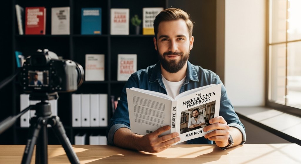 Freelancer hält stolz sein eigenes Buch als Beweis für seinen Expertenstatus.