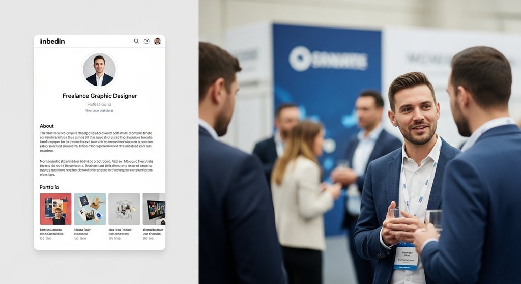 Gegenüberstellung von digitalem Networking auf LinkedIn und persönlichem Netzwerken auf einer Konferenz.