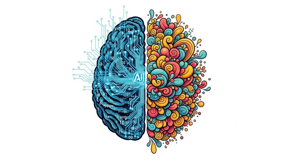 Grafik zur Symbiose von menschlicher Kreativität und künstlicher Intelligenz in der Zukunft.