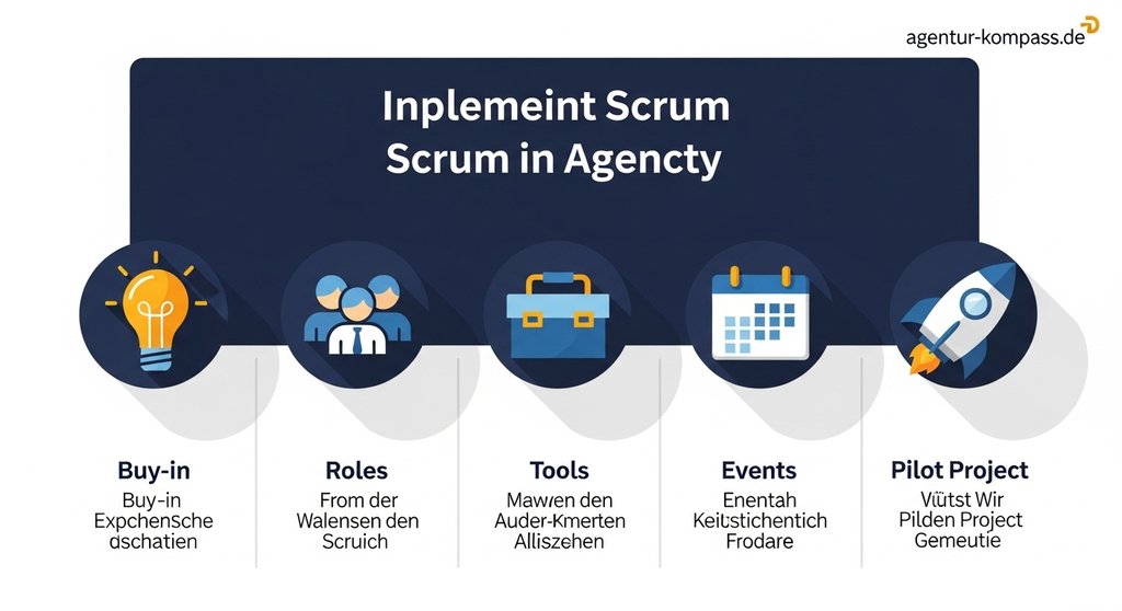 Infografik der 5 Schritte zur erfolgreichen Scrum-Einführung in Agenturen.