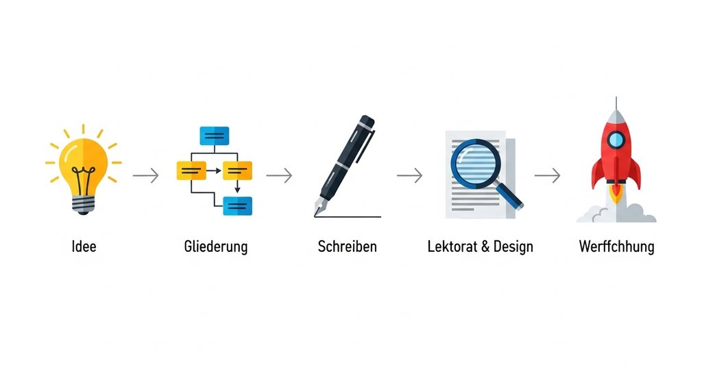Infografik der fünf Schritte zum eigenen Buch für Freelancer von der Idee bis zur Veröffentlichung.