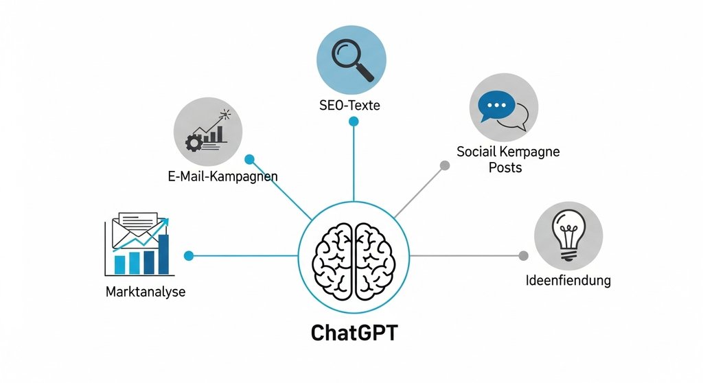 Infografik der fünf wichtigsten Anwendungsfälle von ChatGPT im Marketing für Agenturen.