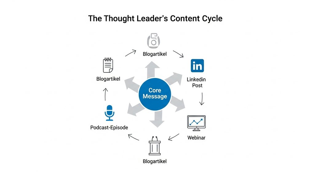 Infografik, die den Content-Kreislauf für den Aufbau von Thought Leadership darstellt.