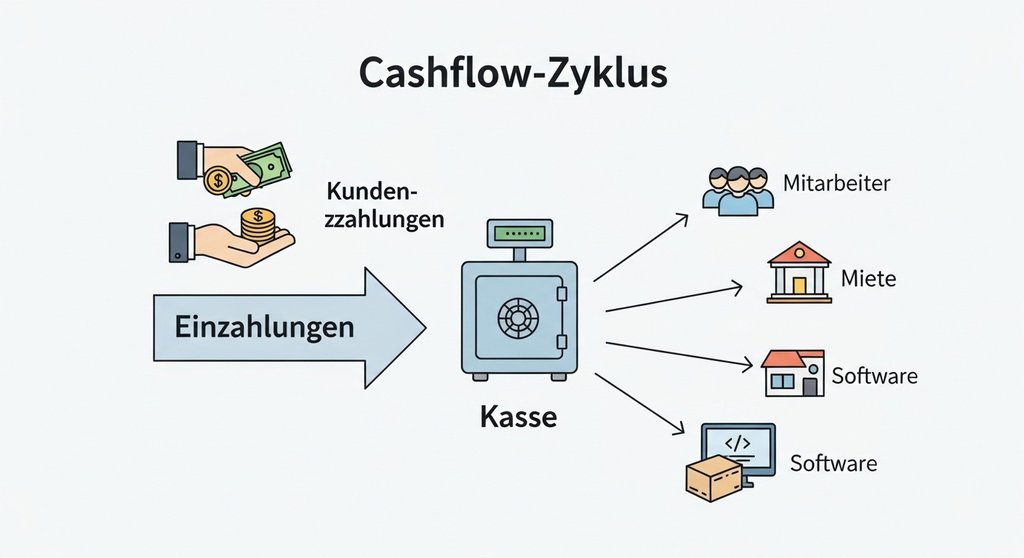 Infografik, die den Kreislauf von Einzahlungen und Auszahlungen in der Liquiditätsplanung zeigt.