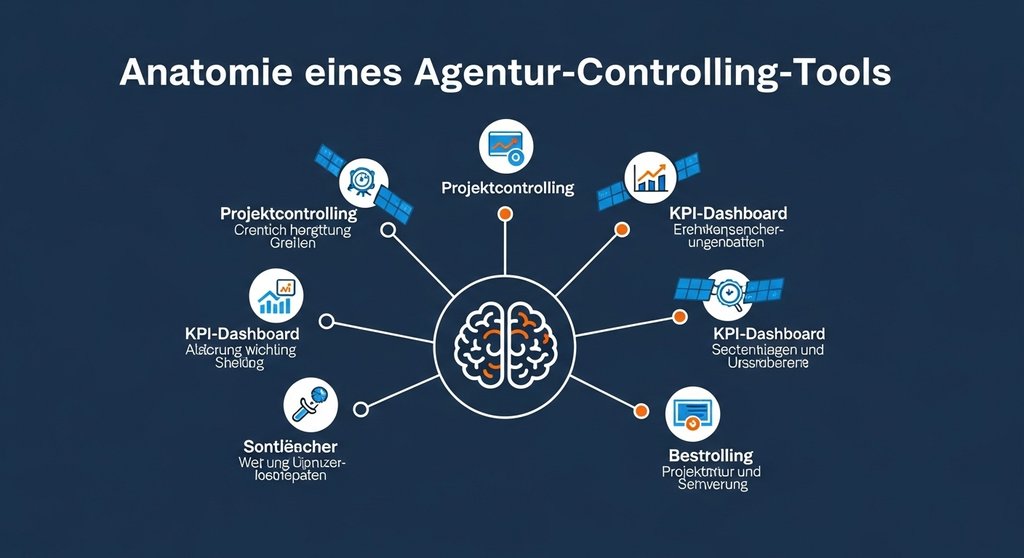 Infografik, die die fünf Kernfunktionen von Controlling-Tools für Agenturen zeigt.
