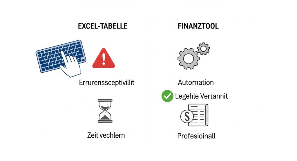 Infografik, die die Nachteile von Excel mit den Vorteilen eines Finanztools für Selbstständige vergleicht.