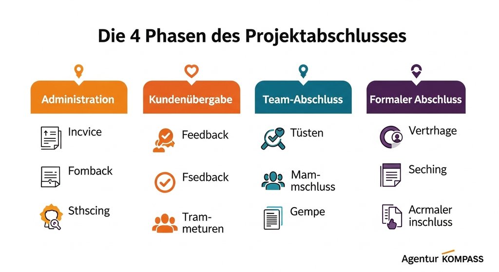 Infografik, die die vier Phasen des Projektabschlusses mit Icons und Stichpunkten übersichtlich darstellt.