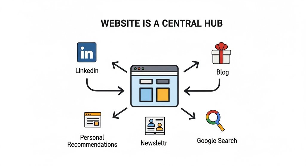 Infografik, die zeigt, wie die eigene Webseite als zentraler Anlaufpunkt für Freelancer-Marketing dient.