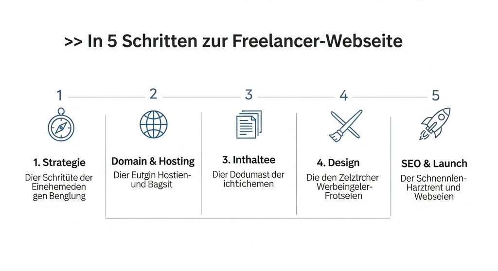 Infografik mit den 5 Schritten zur Erstellung einer Webseite für Freelancer.