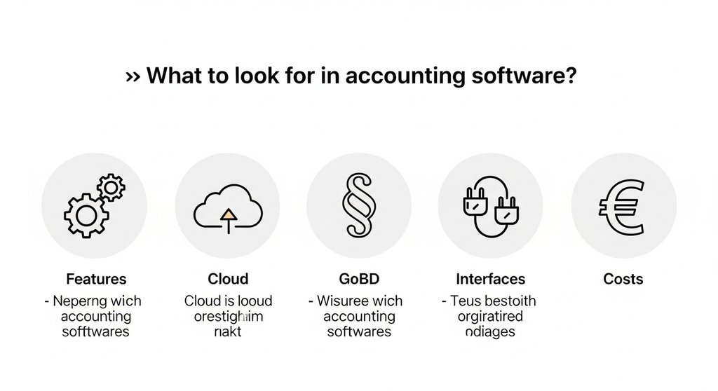 Infografik mit den wichtigsten Kriterien für die Auswahl einer Buchhaltungssoftware für KMU.